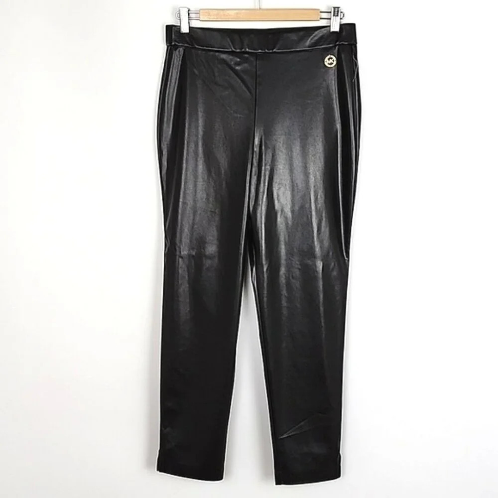 Michael Kors Women's Black Faux Leather Skinny Pull On Pants Stretch Size Medium - Picture 1 of 9